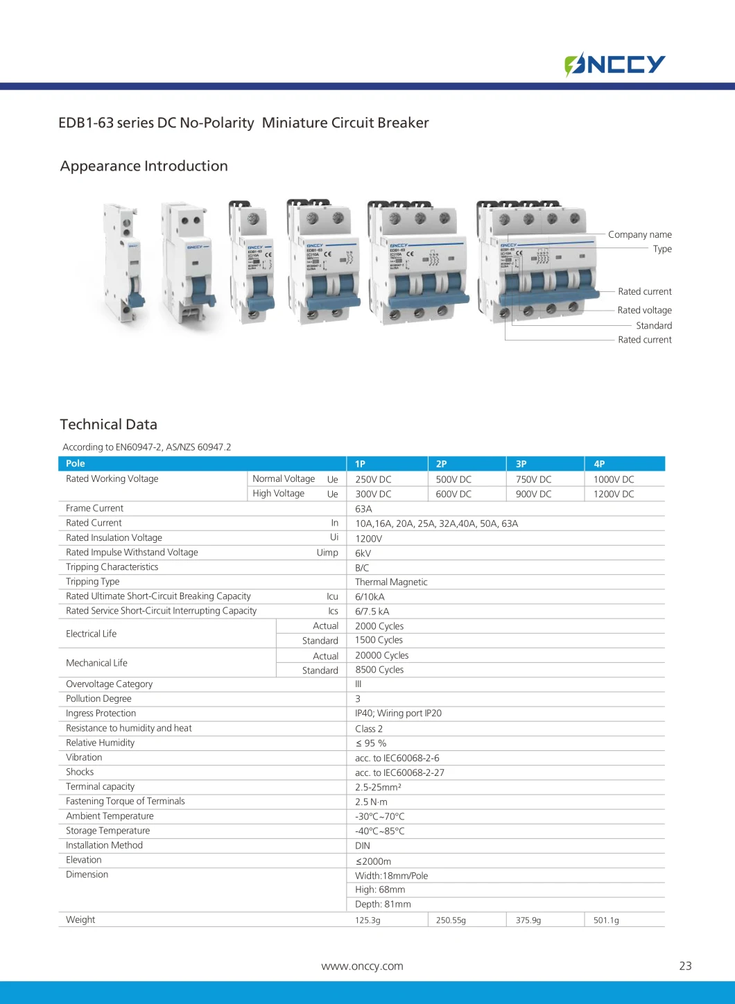 2p DC 1000V Solar Mini Circuit Breaker 10A 16A 20A 32A 50A 63A DC MCB for PV System