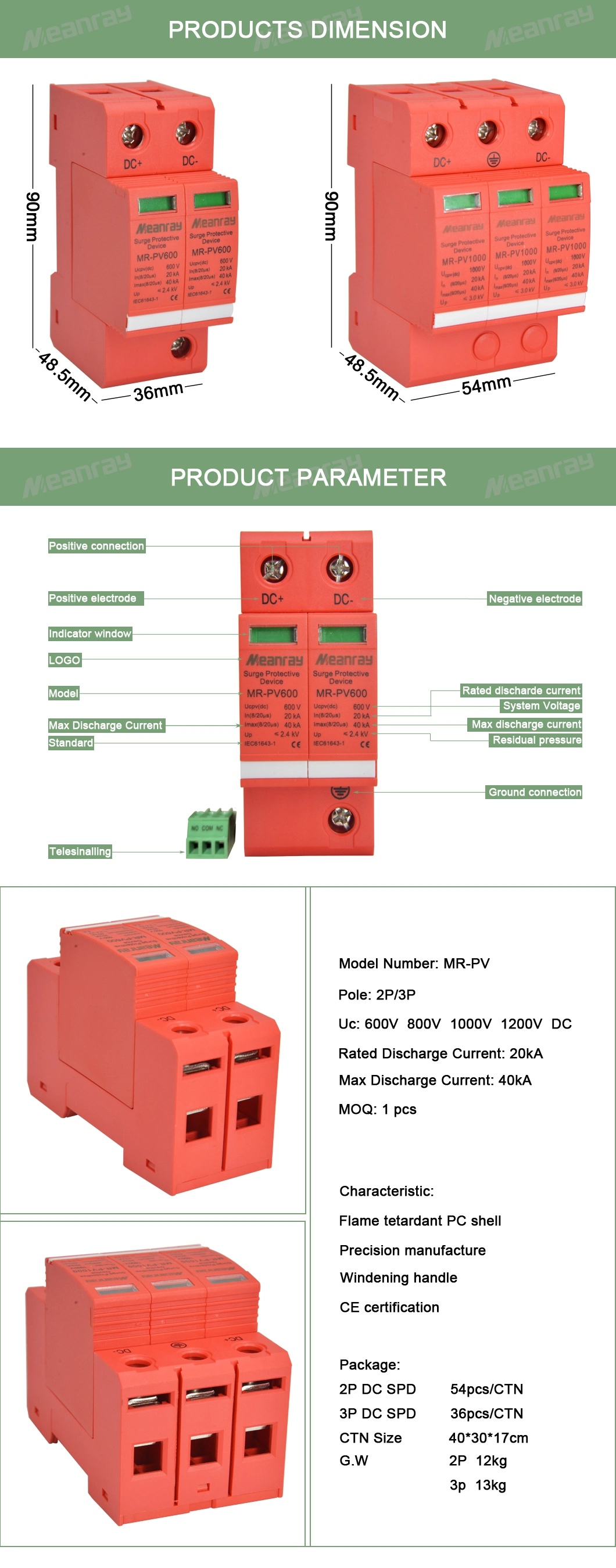 Solar System 3p Surge Protector Devices 800V 1000V 1200V DC SPD