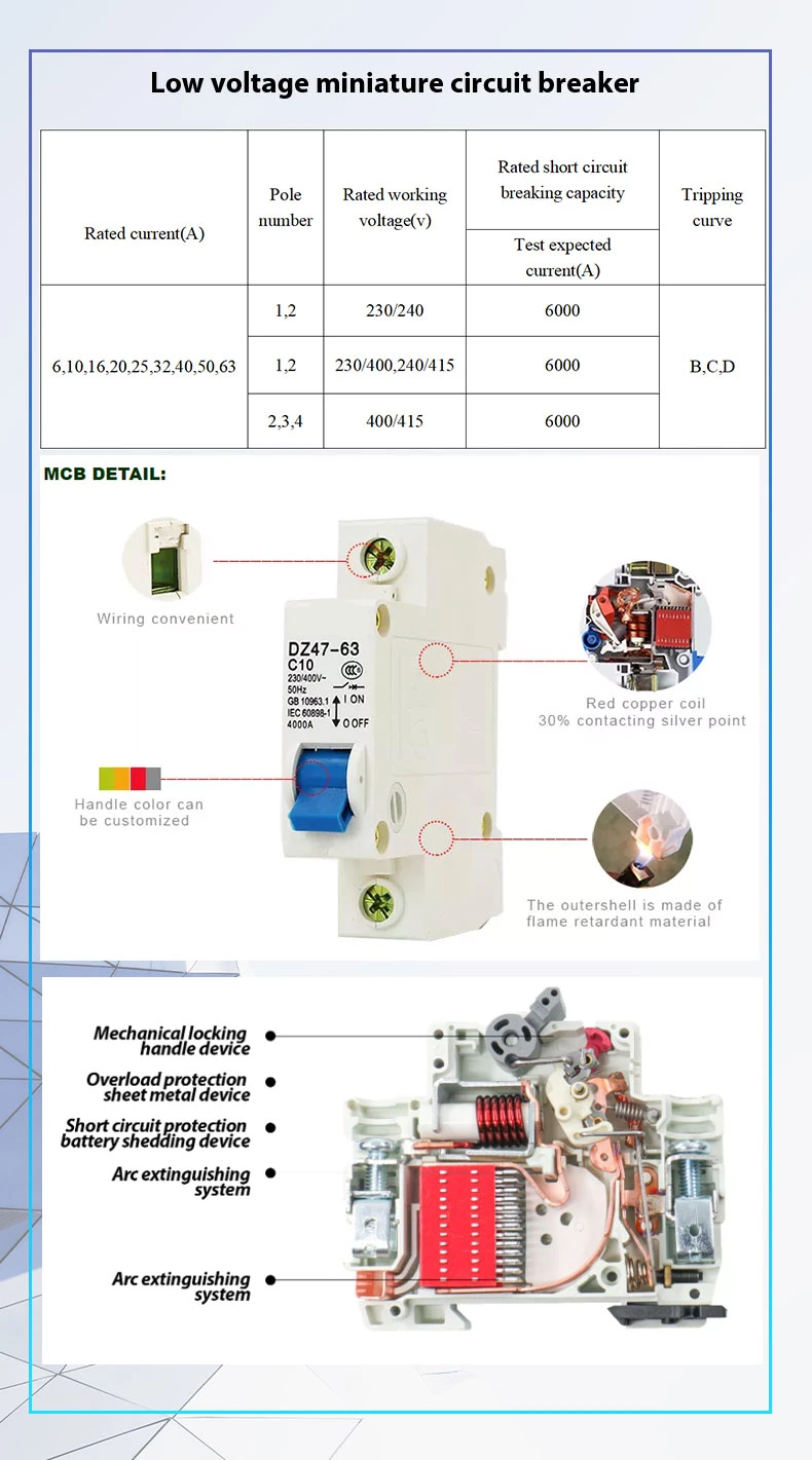 Customized Color AC230V 400V 3p 4p Electrical Miniature Circuit Breakers MCB