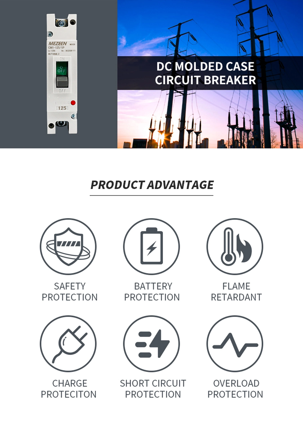 DC Moulded Case Circuit Breaker 32A 100A 125A 225A MCCB 1 Pole DC Circuit Breaker