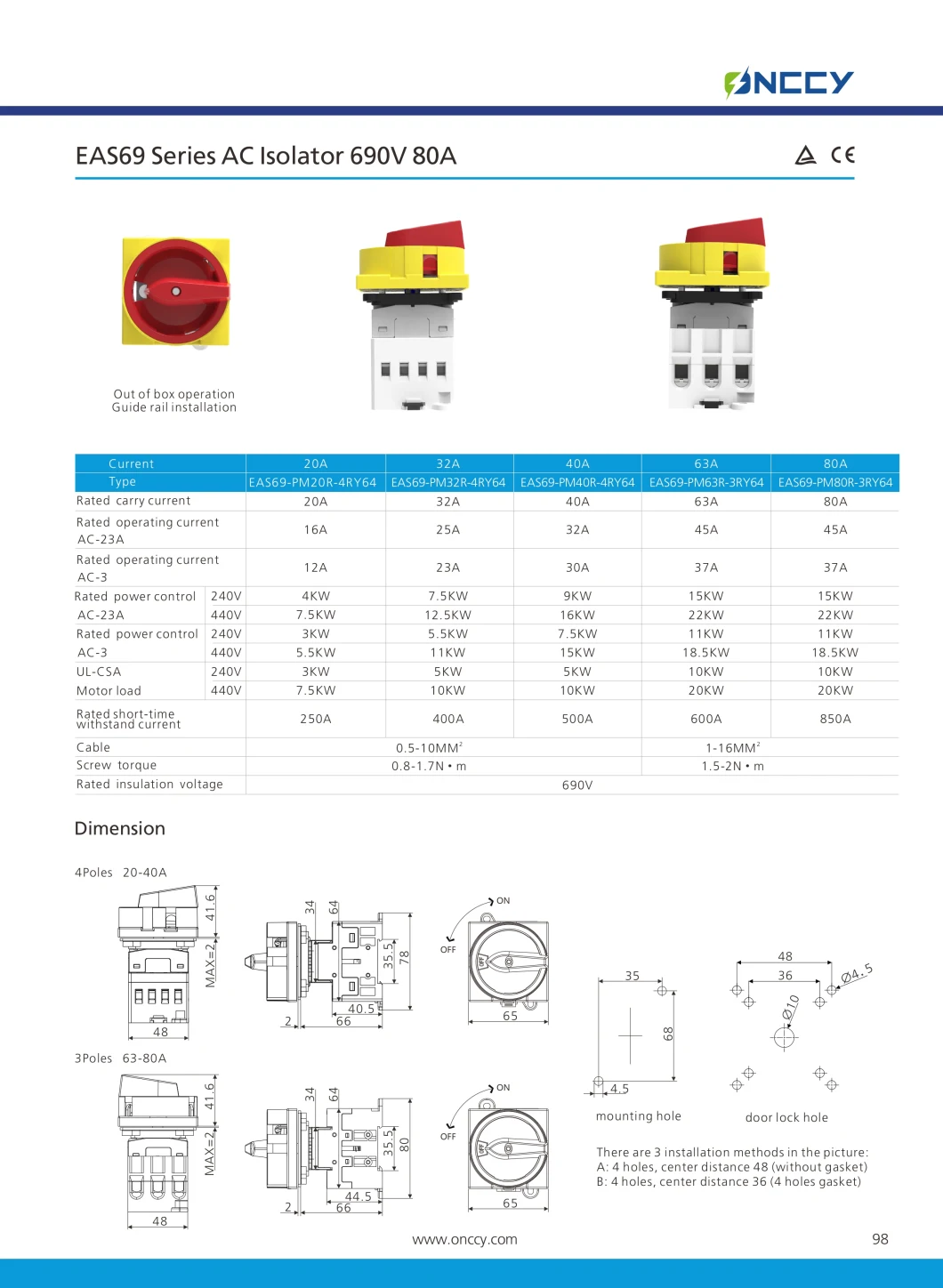 AC Isolator Door Interlock 690V 20A 80A