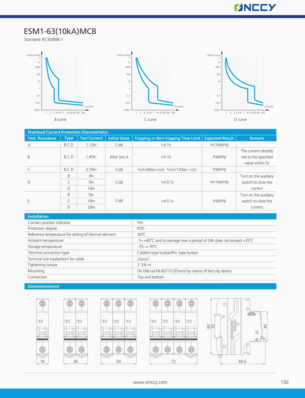 High Quality AC Circuit Breaker MCB B/C/D Curve 1p 2p 3p 4p 240/415V~ 63A 10ka PV Solar System